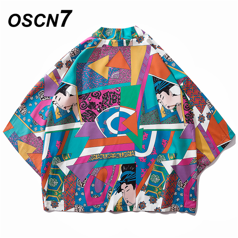 Oscn 7 trykt kimono cardigan skjorte herre street korea trekvart ermer frakk skjorter harujuku herre skjorte 8805
