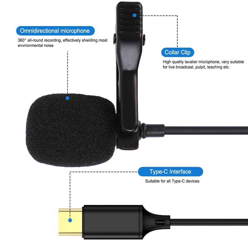 Mini micrófono tipo C de 1,5 m, micrófono de grabación con Clip para solapa, para Samsung S20, S10, S9, Huawei P40, P30, P20, Android