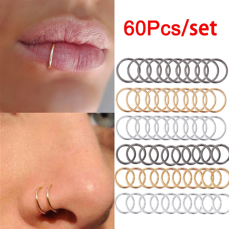 60 Pçs/set Nariz Anel Piercing Punk Ouro Prata Cor Handmade Minúsculo Nose Ring Hoop Septo Anéis de Nariz Piercing Jóias: HZD200A60p