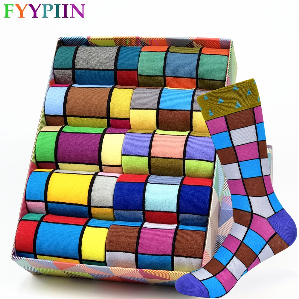Miesten sukat värikkäät miehille puuvillaiset miesten sukat geometriset ristikkosukat klassiset iloiset business-sukat miehille