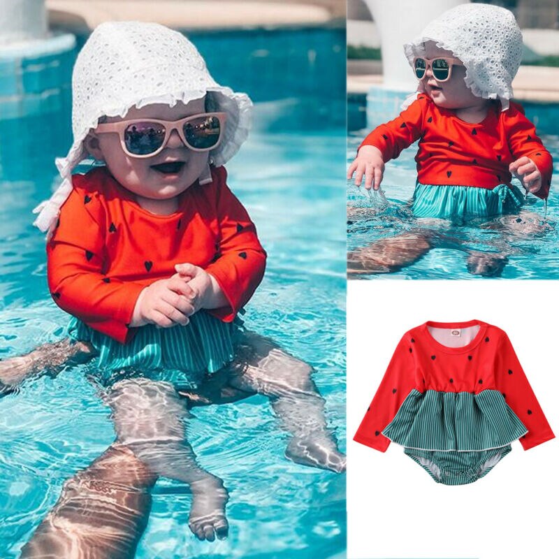 Baby Girl Plaid Pattern Mesh Sleeves Patchwork Swimwear With Hats