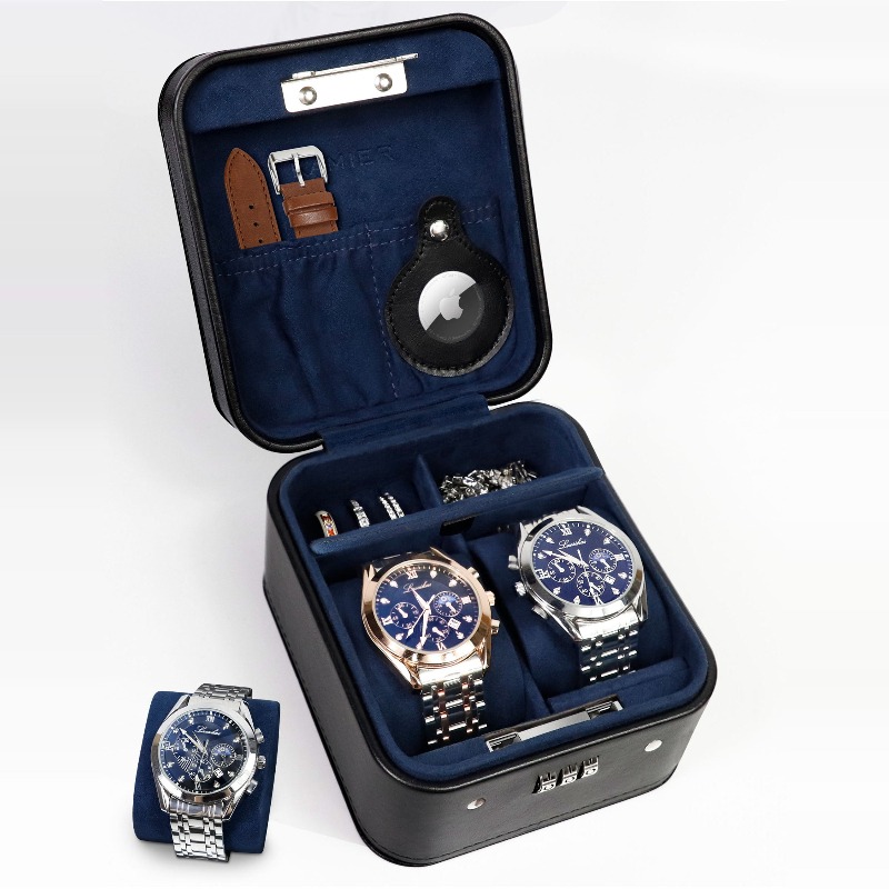 Leren horlogedoos Luxe herenhorloges Opbergkoffers Draagbare polshorloge-organizer Geschenkdozen Horloges Reiskoffers met slot: Black