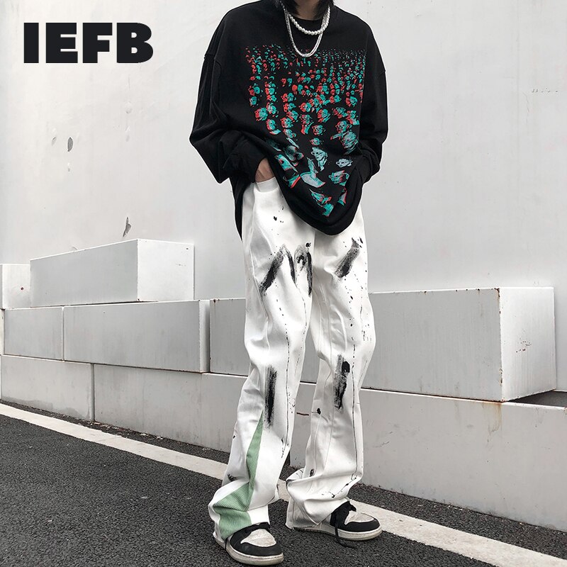 IEFB Men's Streetwear Graffiti Pants Loose Causal Color Block Straight Trousers Cotton Hip Hop Male Clothes 9Y5202