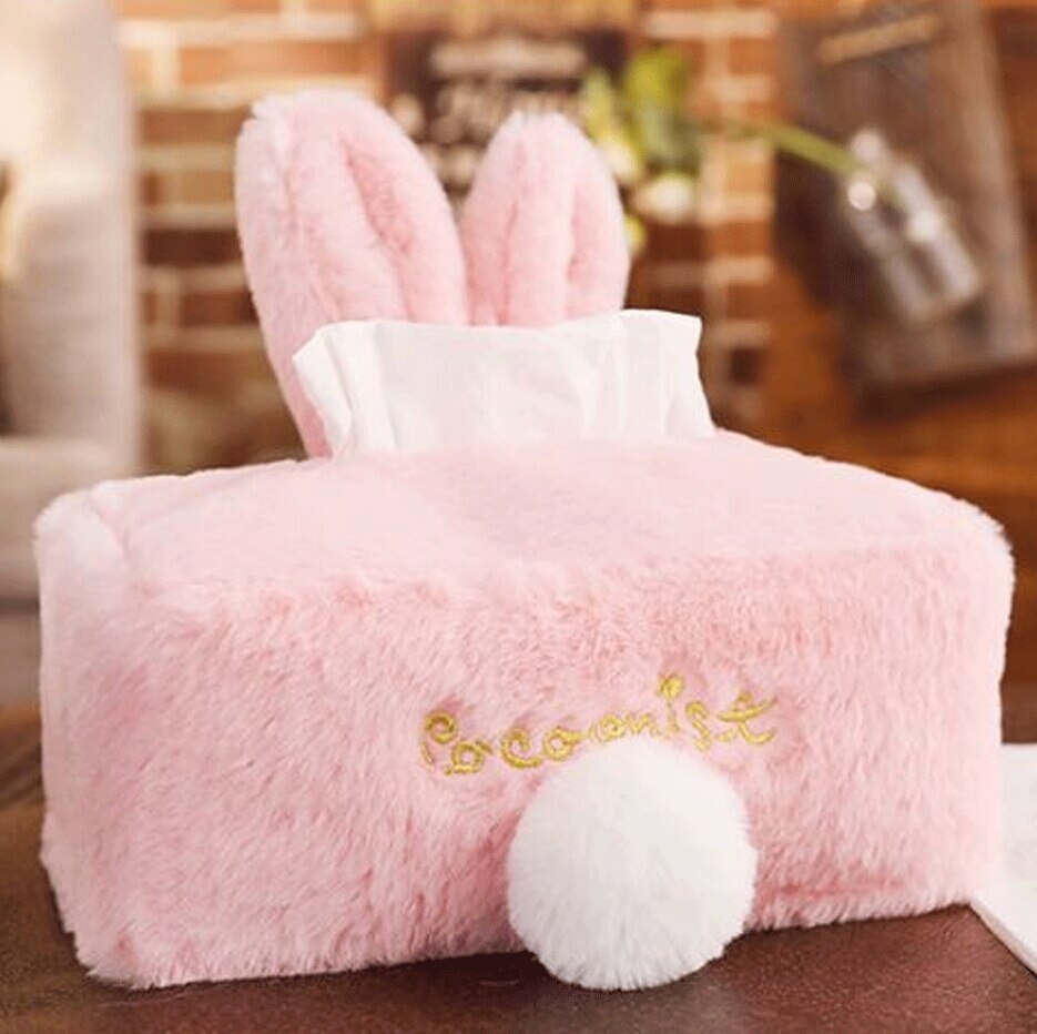 Holdbar rom plysj bil firkantet silkeskuff papirholder etui deksel serviett kawaii rosa hvit: Rosa firkant