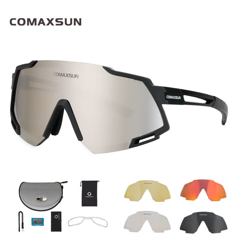 COMAXSUN Polarized 5 Len Cycling Glasses MTB Road Bike Sport Mirror Sunglasses Bike Eyewear UV400 Bicycle Goggles: Black