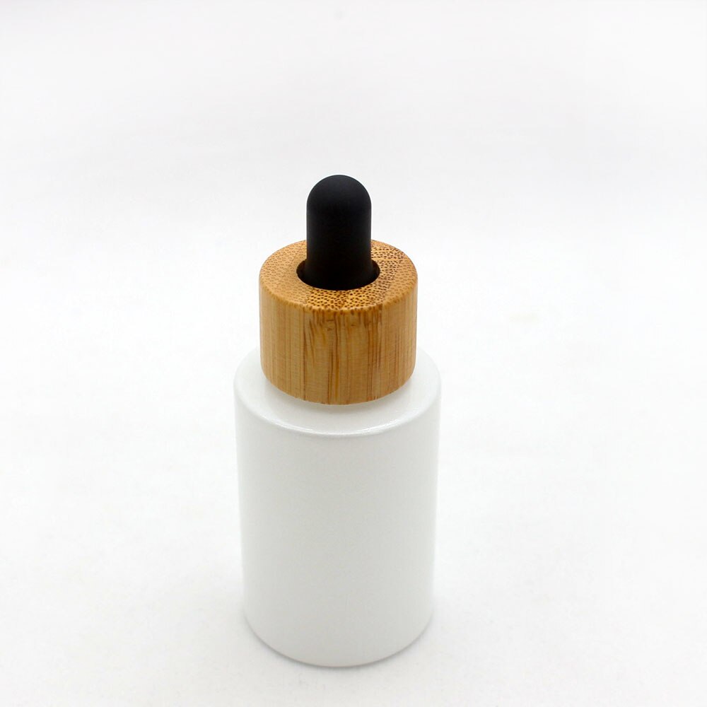 30ml White pearlescent glass dropper bottle bamboo lid pipette cosmetic lotion packaging container