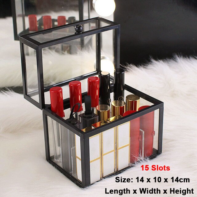 15/24/40 Slots Glass Lipstick Holder Dustproof Display Case Beauty Storage Box Luxury Makeup Organizer with Removable Dividers: Black 15 Slots