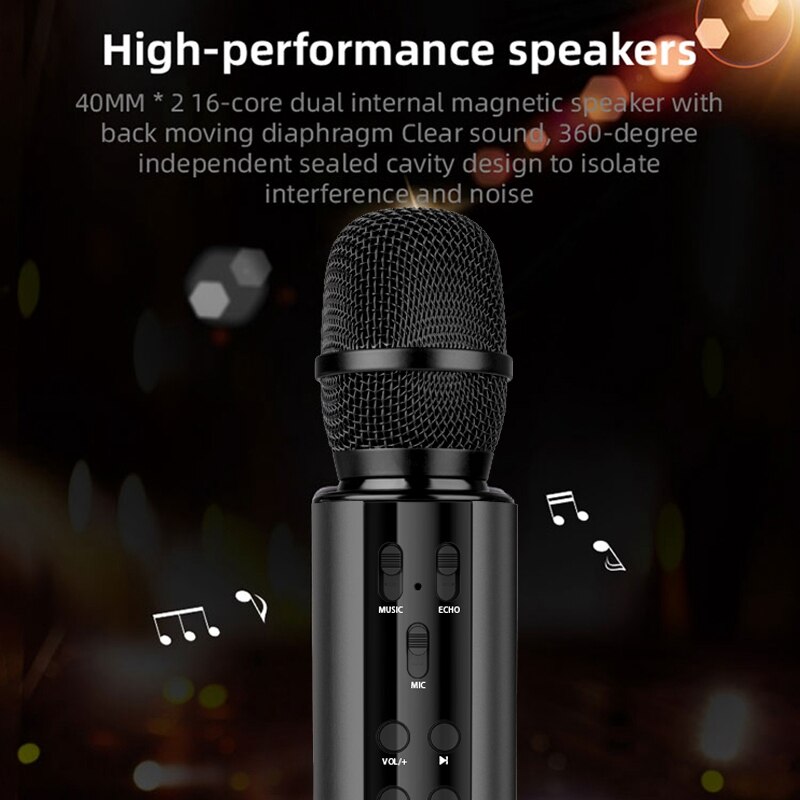 Wireless Microphone Dual Speaker Condenser Bluetooth Karaoke Speaker Microphone for Karaoke/Singing/Church/Speech Black