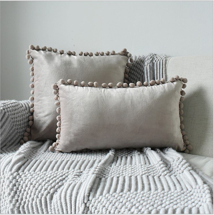 Vihreä sininen harmaa vaaleanpunainen massiivi sametti koriste tyynyliina pehmeä sametti tyynynpäällinen pompom pallo sohvatyynynpäällinen 30 x 50cm: Vaalean harmaa / 1 kpl 300-500mm