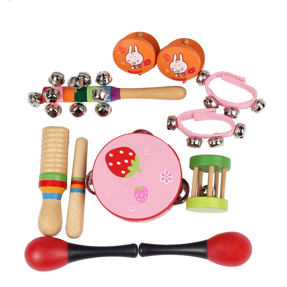 Neue 10 teile/satz Musical Spielzeug Orff-instrumente Sets Band Rhythmus Kit Einschließlich Tamburin Maracas Kastagnetten Handbells für Kinder: Pink