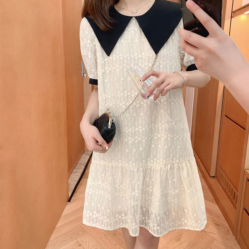 Vestido de encaje con cuello de muñeca de estilo francés para mujer, falda acampanada de manga corta con retazos de Color sólido, novedad de 2023: XL