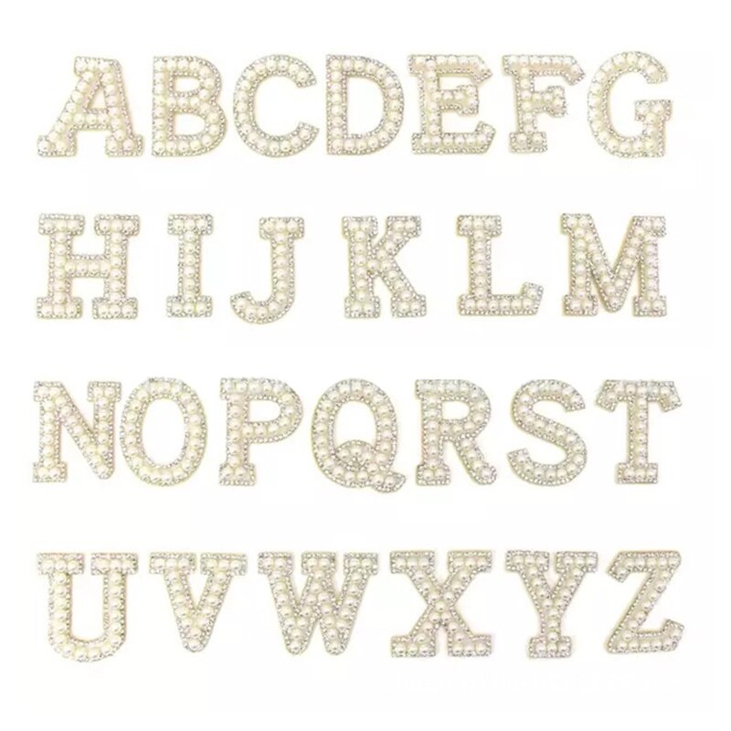 26 PCS Iron on Letters Patches Applique Sew on Patches Rhinestone Pearls Letter A-Z Patch Alphabet Embroidered Patches DIY Name