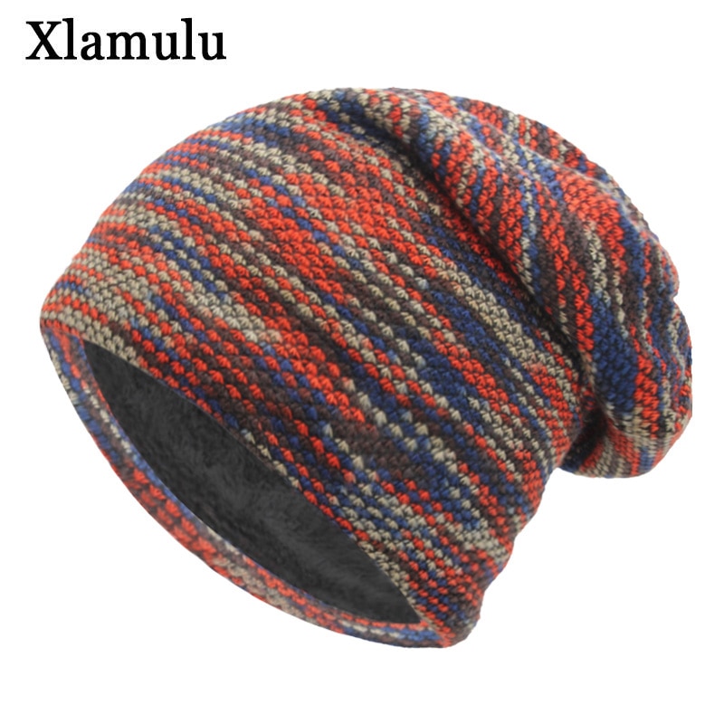 Stickad mössa vintermössa för kvinnor män skullies mössor mask randig mössa gorros huva varm baggy mjuk tjock bräddlös #39