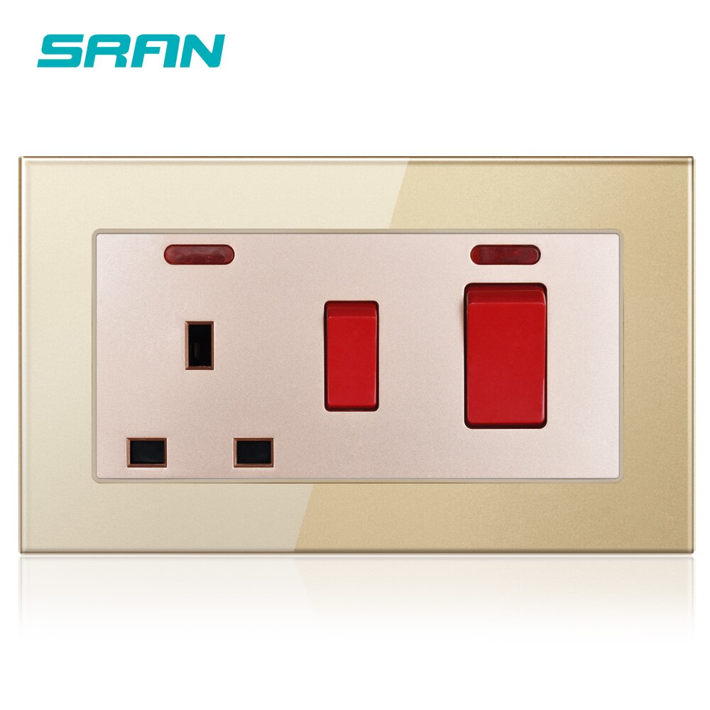 SRAN 45A DP Wall Cooker Switch + 13A BS UK Standard Switched Socket With Neon 3x6 Size Crystal Tempered Glass Panel: Gold A6