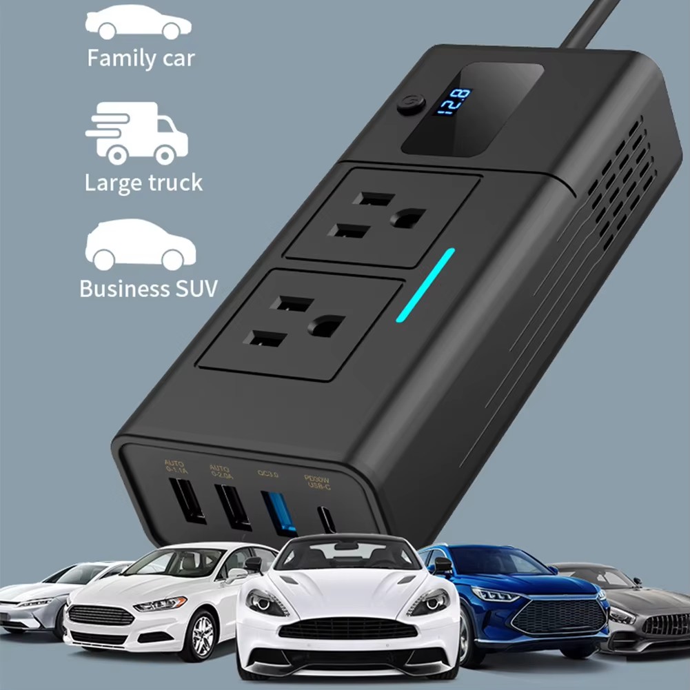 200W Car Plug Adapter 4 USB Ports 12V To 110V/ 220V Auto Power Inversor QC3.0 PD Car Power Inverter US Socket Charger Adapter