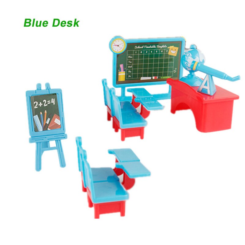 Forest Animal School Bus Desk 1:12 Tent Toy Bus Set Brown Rabbit School Desk Girl Pretend Play House Amusement Park Kids Toys: Blue Desks