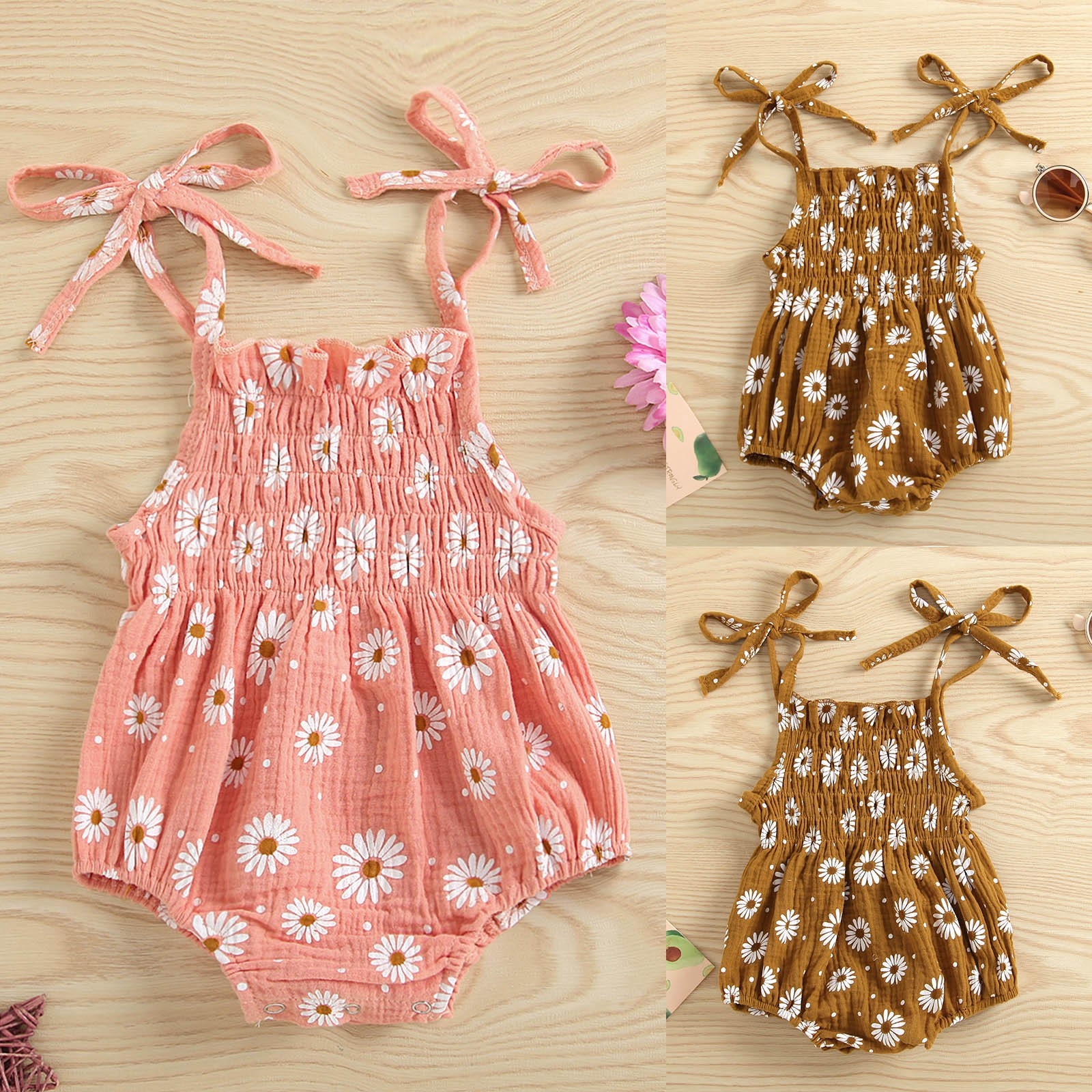 Newborn Baby Girl Daisy Print Romper Sleeveless Strap One Piece Summer Romper Clothing Pleats Jumpsuit Roupa De Girls&Boy