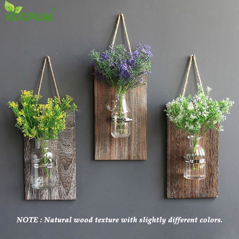 Glass and Wood Vase Terrarium Vertical Wall Hanging Hydroponics Plant Bonsai Flower Pot Planter 3 Choices Available Home Decor
