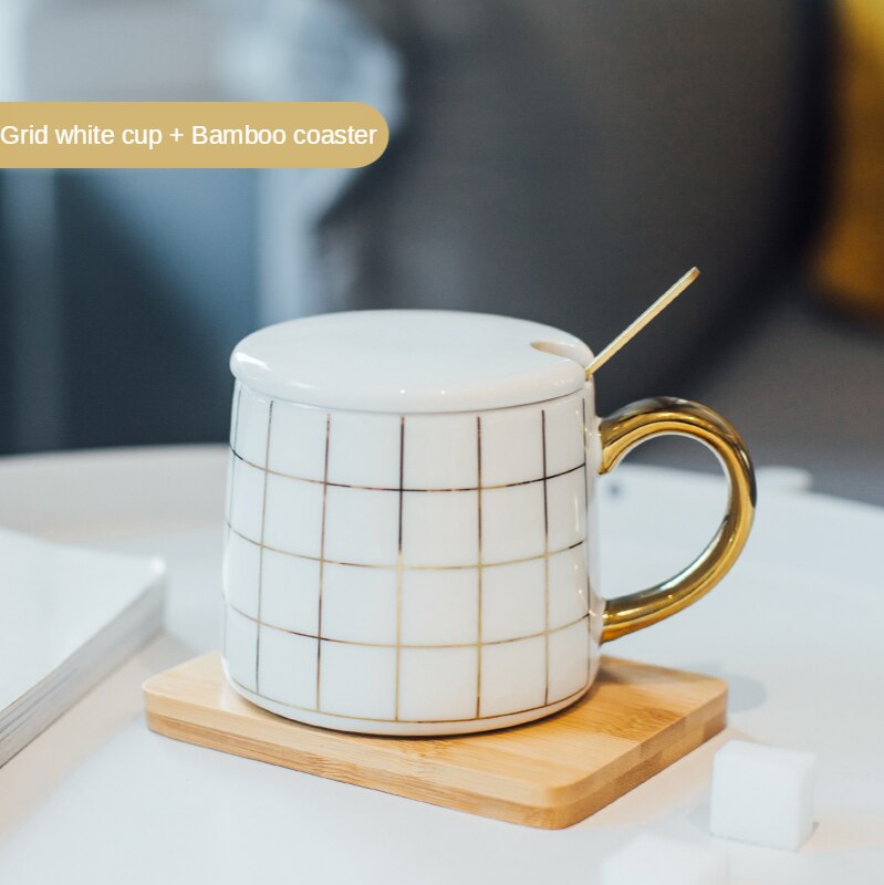 Taza de café de lujo con estampado de lunares a cuadros, geométrica, de cerámica, para desayuno, taza de leche y agua, creativos para parejas: white grid