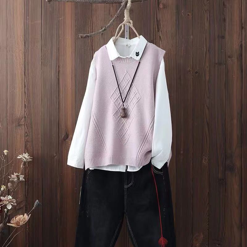 UVRCOS col rond tricoté gilet femmes collège Style pull gilet printemps et automne laine gilet pull ample: Pink