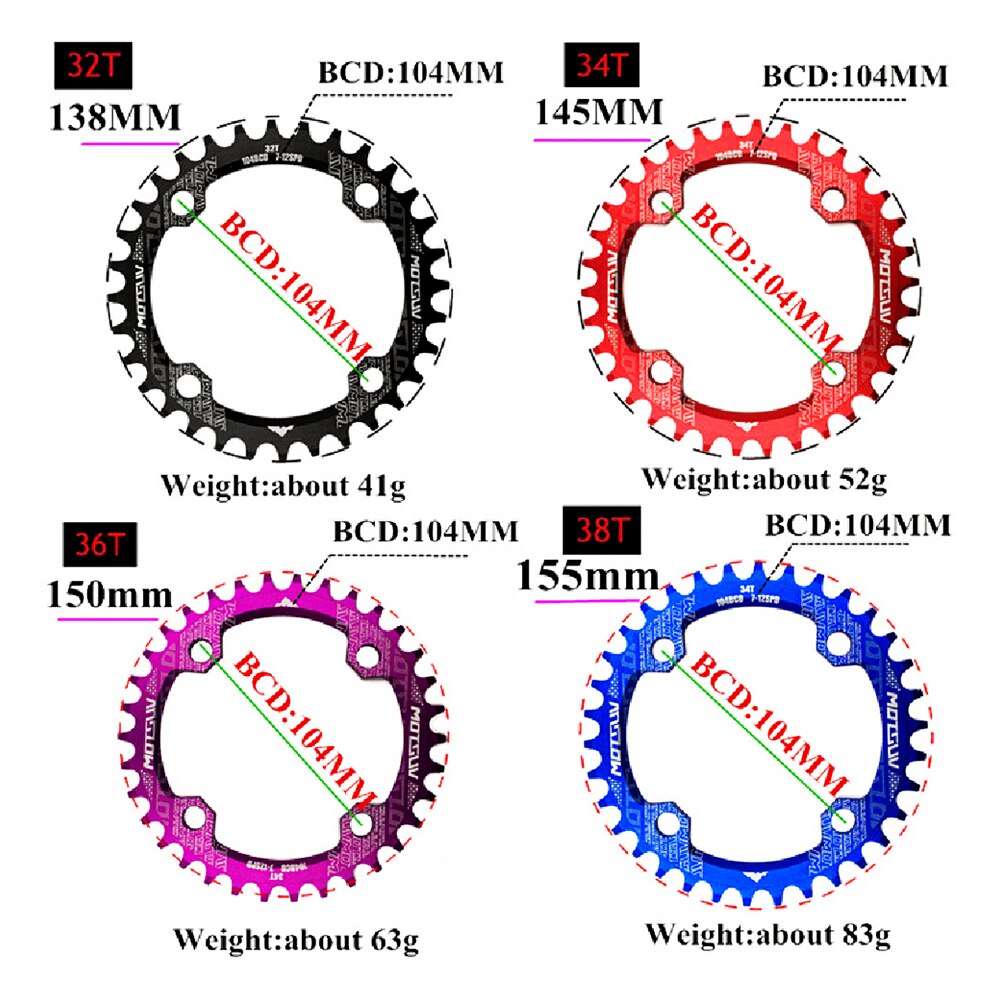 Ronde 104 bcd fietskettingblad 32t 34t 36t mtb kettingblad fietsonderdelen fietsuitrusting 104 bcd fietskettingblad: Paars / 32t