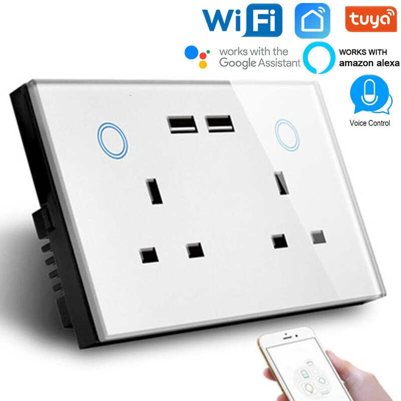 2 gang UK 13A Touch switch plug sockets Double USB socket WIFI Intelligent socket with usb 2.0 compatible alexa google assistant: white color