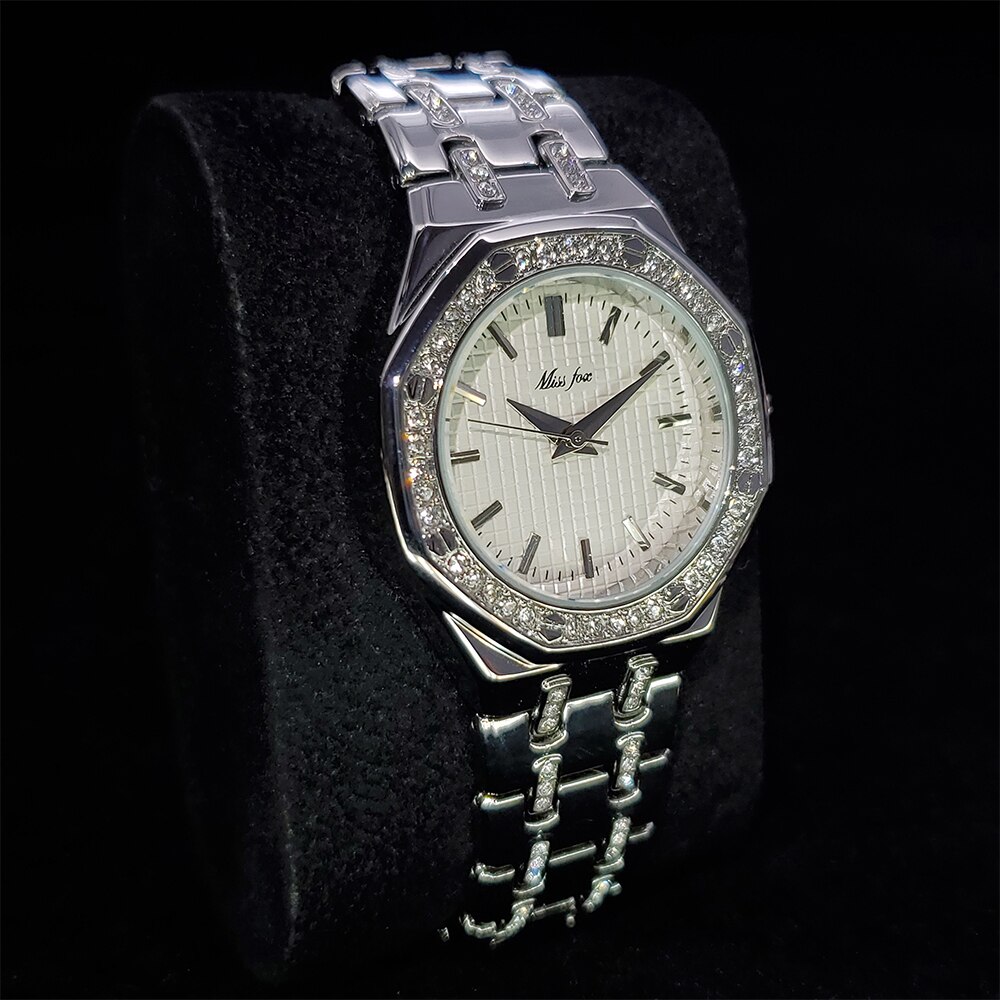 Missfox Platina Horloge Voor Gentlewoman Sieraden Band Volledige Diamond Bezel Horloge Lady Dress Waterdichte Quartz Horloges Vrouwen