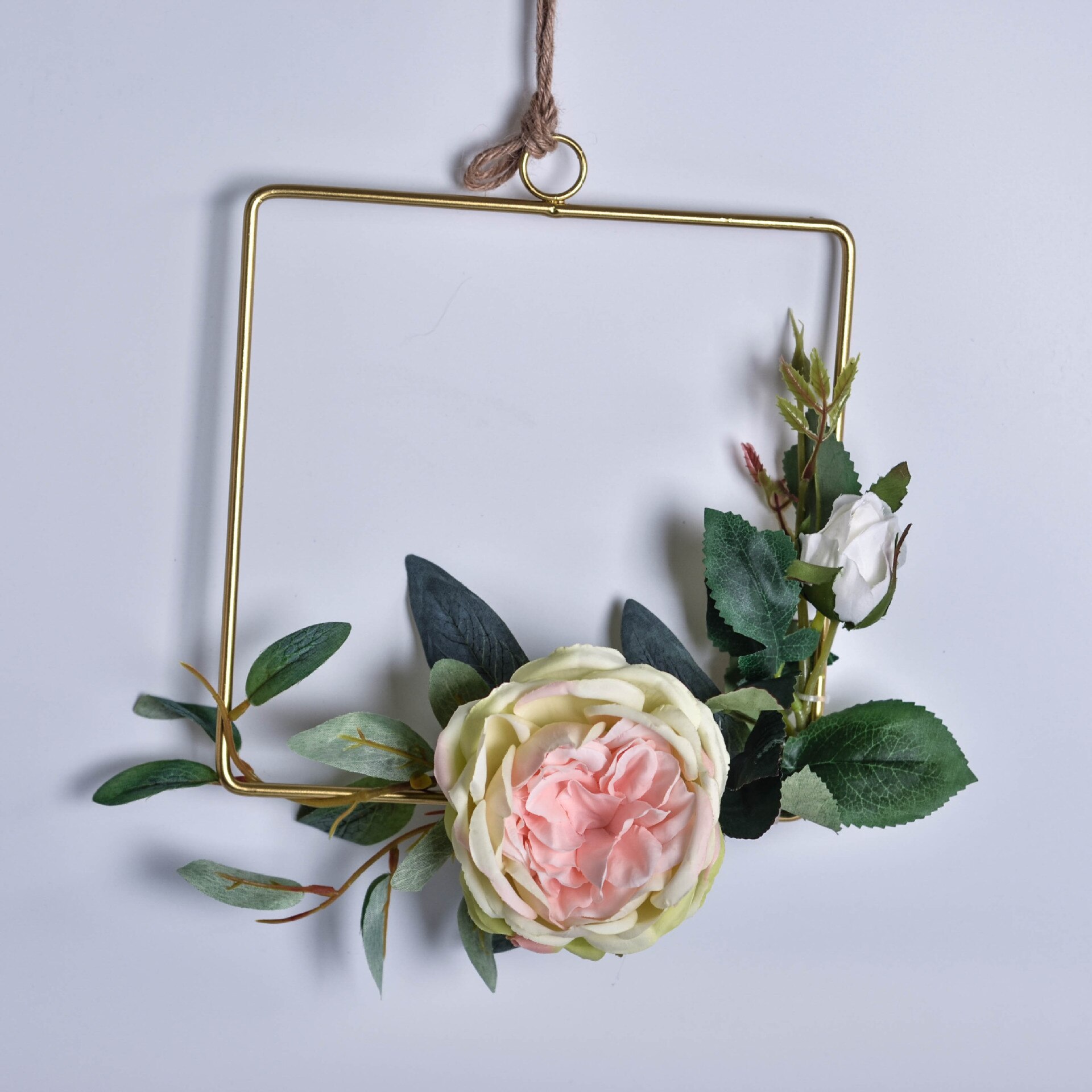 20cm jernreb guld metalring bærbar krans blomster bryllup brud blomster krans håndlavet catcher hoop baby shower indretning: Firkantet glad og wh