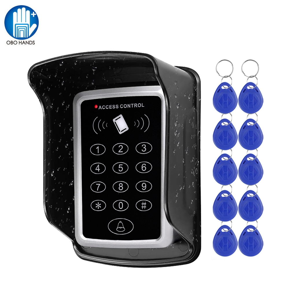 Waterproof RFID Access Control Keypad Outdoor Rainproof Cover 125KHz EM Card Reader 10pcs Keyfobs For Door Access Control System