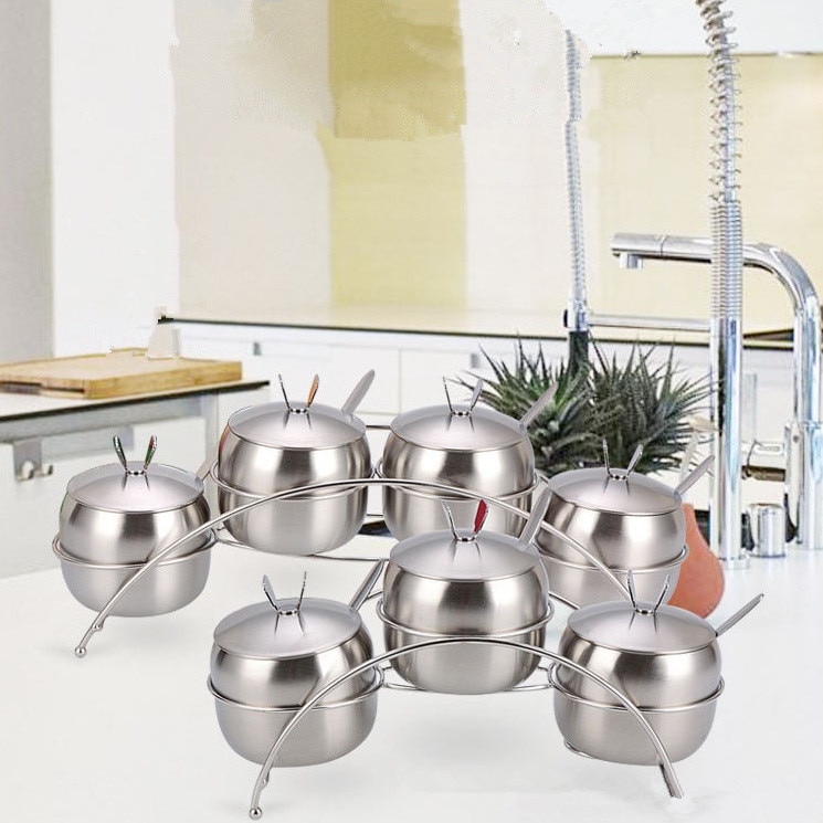 1SET Stainless Steel Seasoning pot Integrated Spice Salt Sugar Pepper Ajinomoto Jar with Cover Set OK 0649