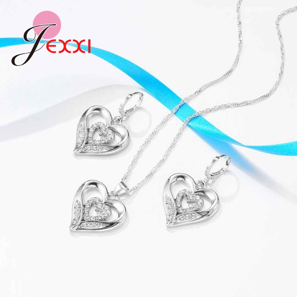 Laatste Dubbele Hart Ketting Oorbellen Sets Hollow 925 Sterling Zilver Elegante Engagement Sieraden