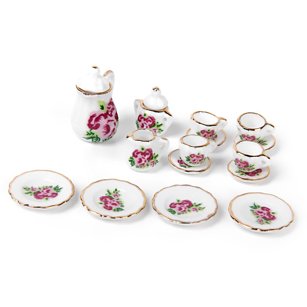 FBIL-15 pieces Porcelain tea set Dollhouse miniature foods Chinese rose dishes cup