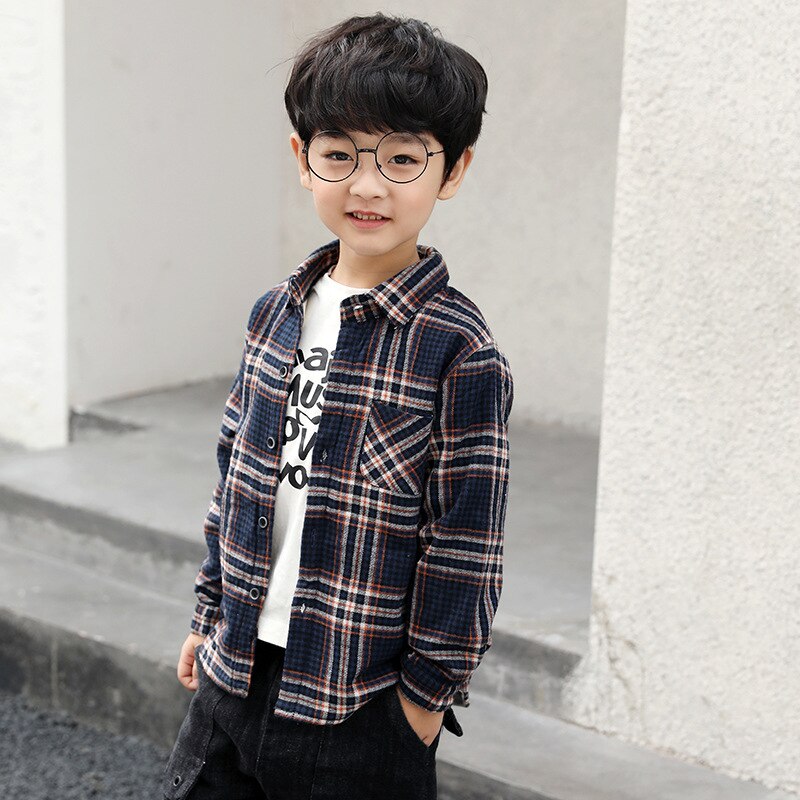 Jongens 4-12 Y Lange Mouwen Turn-Down Kraag Plaid Shirts Letters Patroon Warme Fleece Lente Herfst blouses Shirts