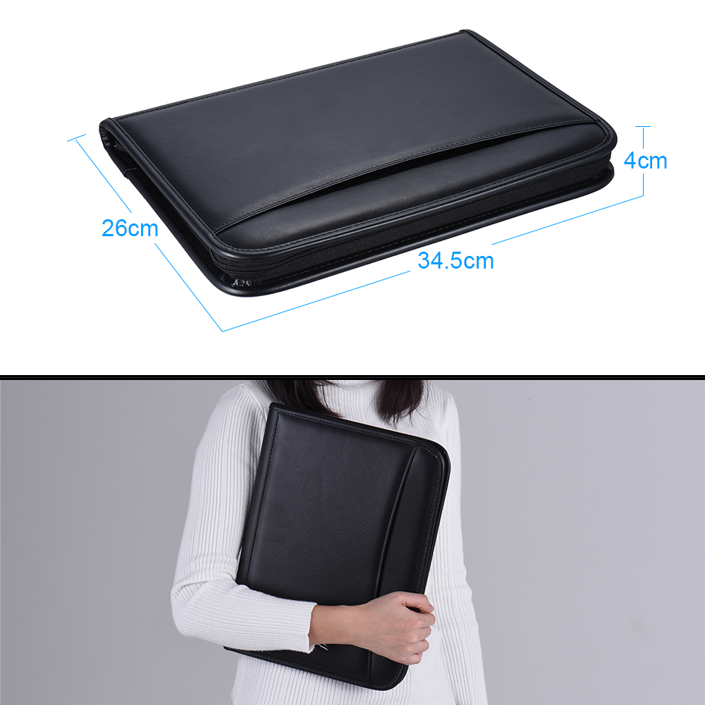 Multifunctional Portfolio Business Zippered Portfolio Padfolio Folder Document Case Organizer A4 PU Leather