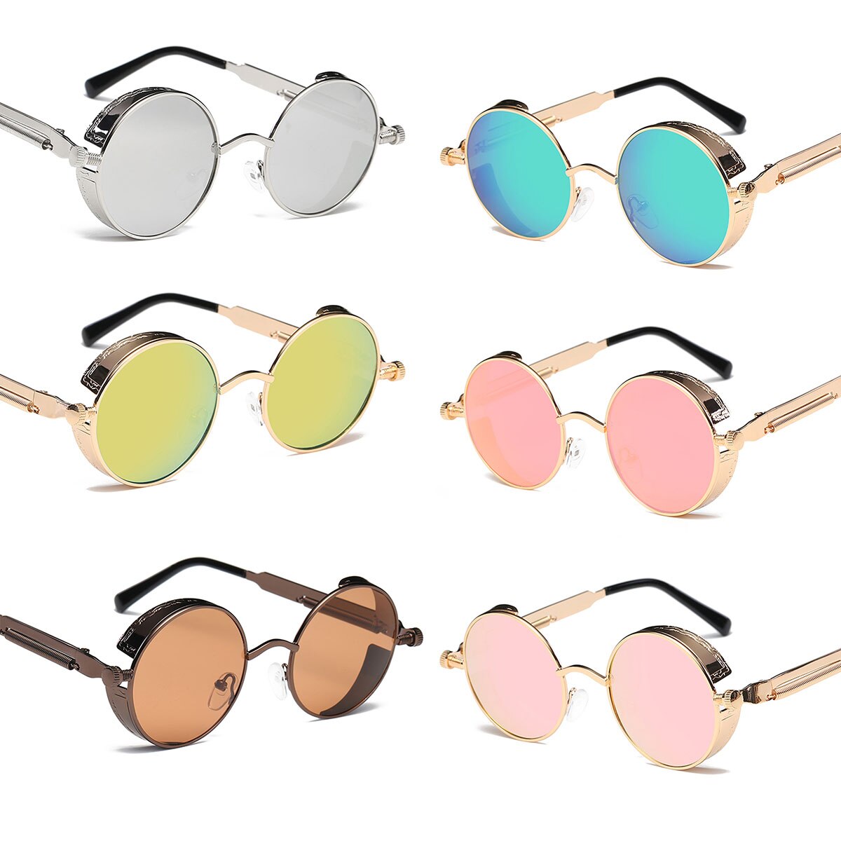 Moda Estilo Retro Steampunk Óculos Redondos Óculos de Armação de Metal Lente Óculos de Design Da Marca Do Vintage Masculino óculos de Sol Óculos de Condução