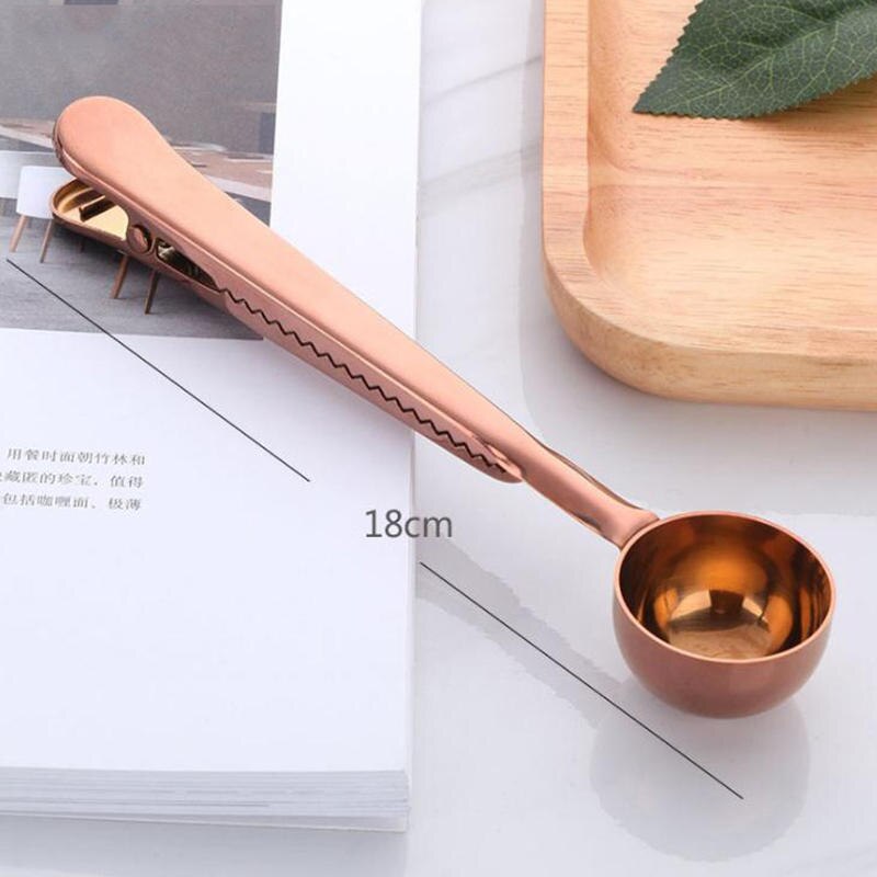 Gunot Twee-In-een Multifunctionele Koffie Lepel Roestvrij Staal Keuken Benodigdheden Scoop Met Zak Afdichting Clip Koffie Meten lepel: Rose Gold