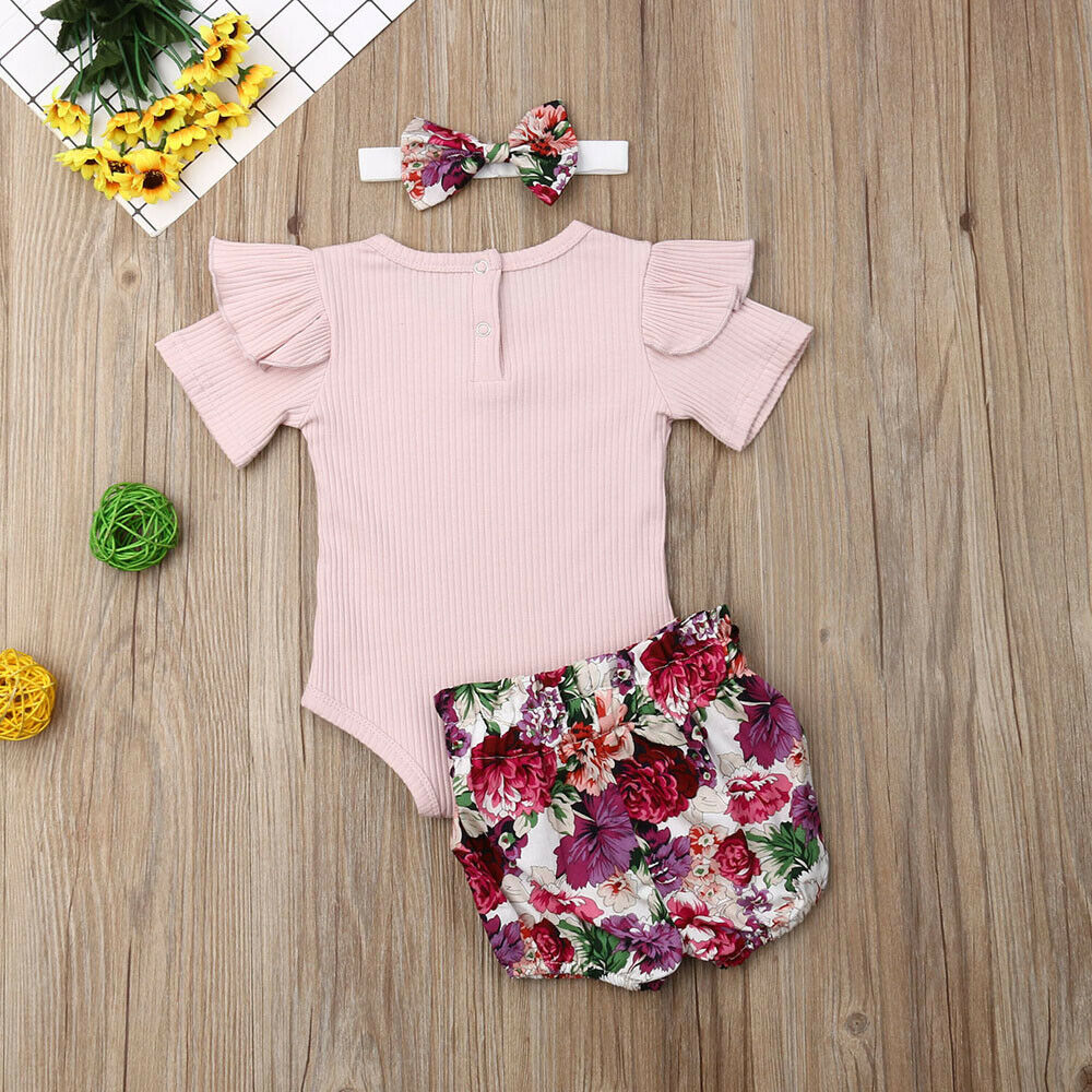 Baby Zomer Kleding Pasgeboren Baby Baby Meisje Jongens Kleding Sets Solid Geribbelde Romper + Bloemen Pp Shorts + Hoofdband 3Pcs Outfit