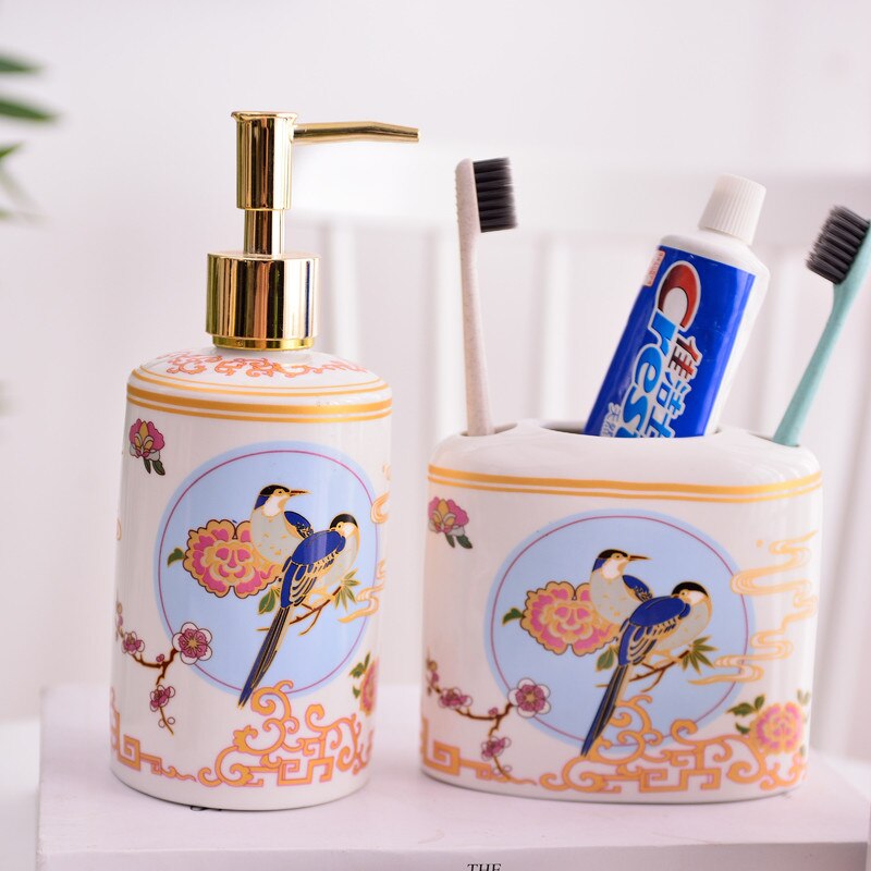 Set de accesorios de baño, dispensador de jabón de cerámica, soporte para cepillo de dientes y taza de gárgaras, platos de jabón, Lavatorio de flores y pájaros, juego de 5/6 piezas