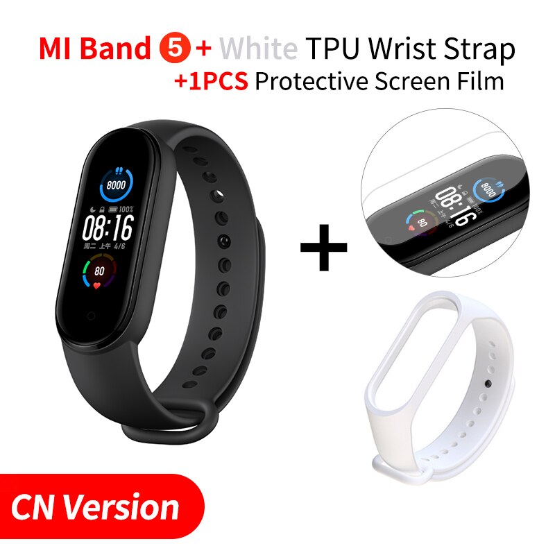 Xiaomi Mi Band 5 Smart Bracelet Sport Heart Rate Fitness Tracker 1.1" AMOLED Colorful Screen Bluetooth 5.0 Waterproof Miband5: Add White Strap