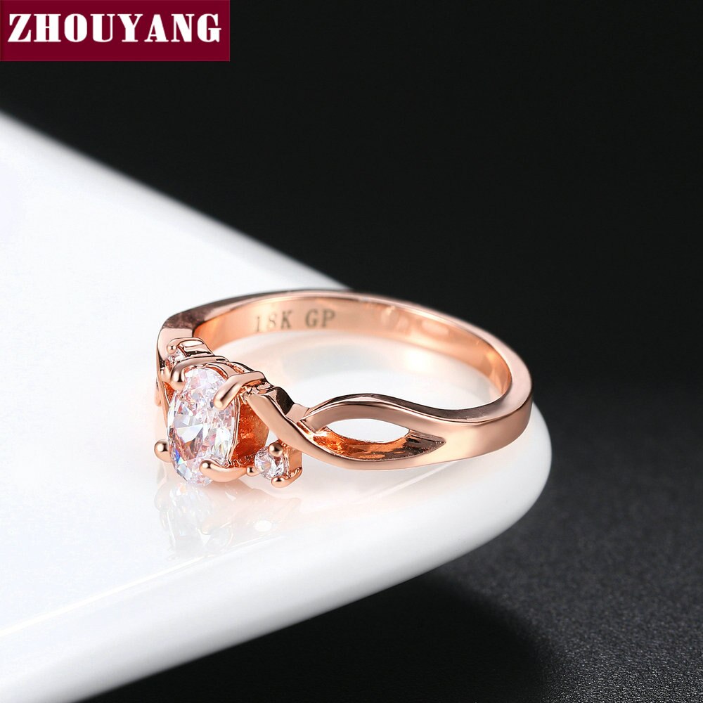 ZHOUYANG Wedding Rings For Women Simple Wavy Shape Four Claw Oval Cubic Zirconia Rose Gold Color Party Jewelry R785