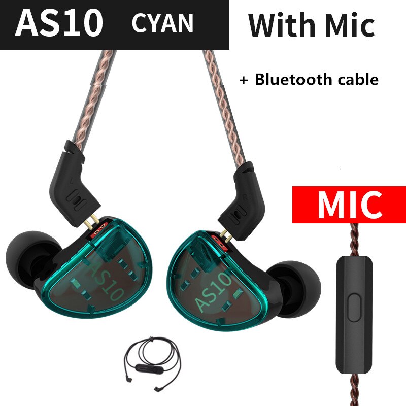 KZ-auriculares AS10 con 5 bandas de ajuste, cascos de alta fidelidad con monitor de graves, para música, general ZS10, ZST, BA10, ES4, AS16, AS12, ZSX: cyan mic BT