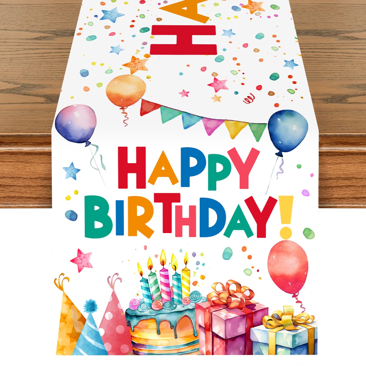 1pc Happy Birthday Party Polyester Table Runner with Colorful Balloons & Cake for Indoor/Outdoor Celebrations Home Birthd