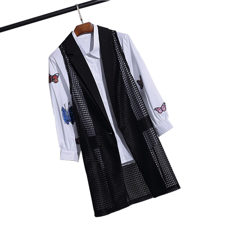 Billig turn-down krave udhulet lang damevest plus size sort ærmeløs jakke cardigan kontor dame sommer vest 4xl