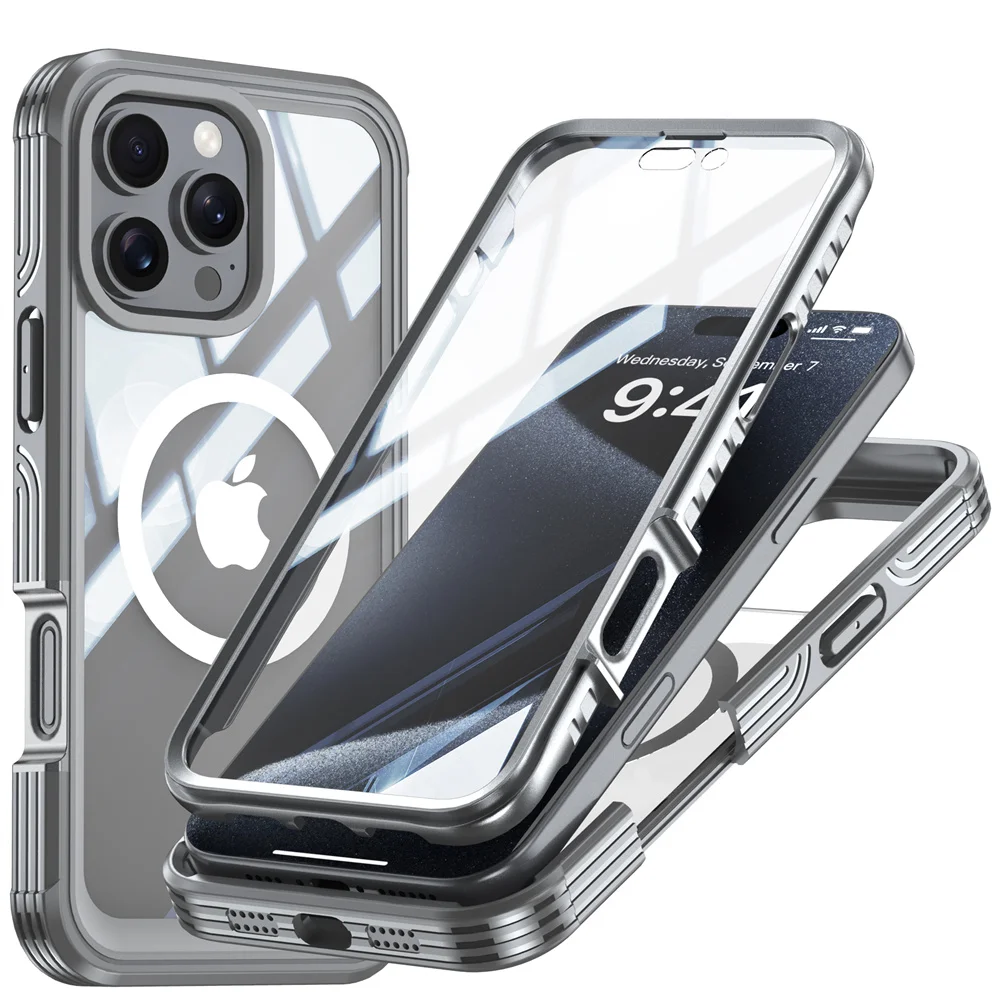 Full Body Bescherming Magnetische Case voor iPhone 16 Pro Max 16e 15 Plus Cover Gehard Glas Magsafe Schokbestendig Fundas Coque Capa: ABS / GRIJS