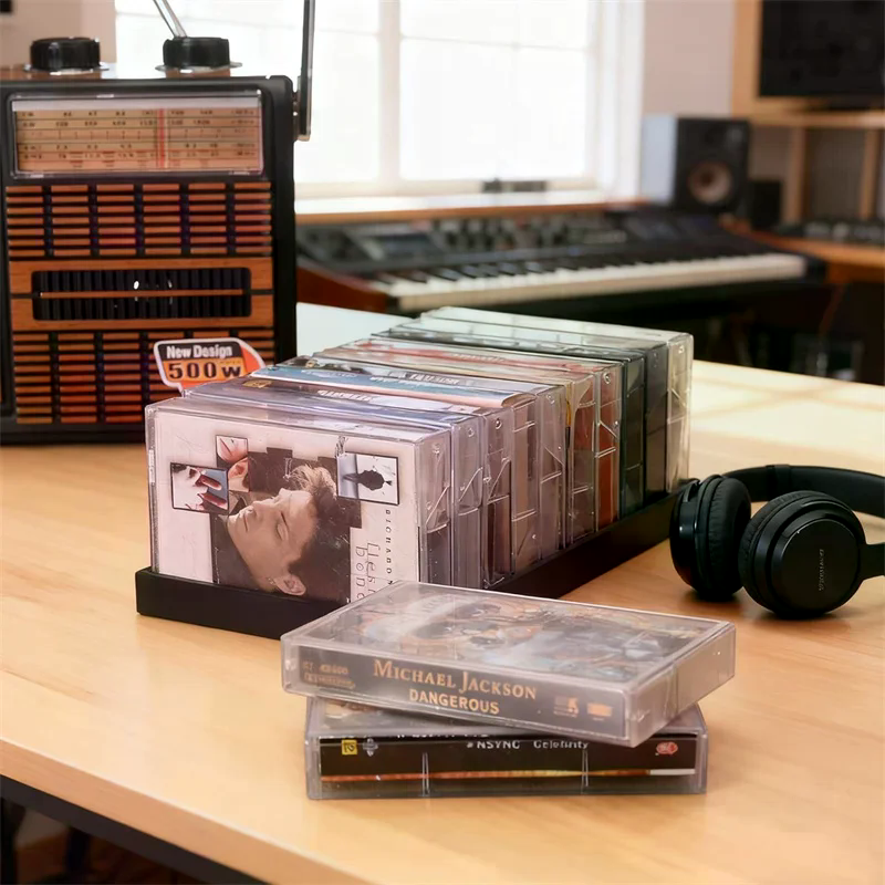 Compact Cassette Tape Organizer Black Plastic Box Magnetic Closure Durable Large Capacity Storage Holder