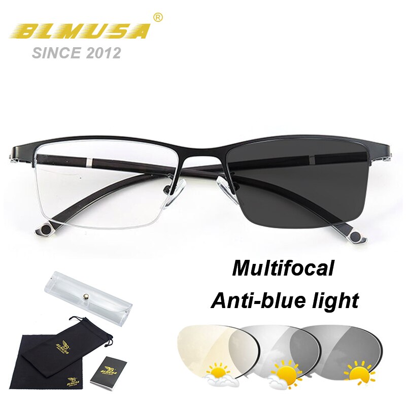 Blmusa TR90 Business Meekleurende Leesbril Progressieve Multifocale Anti Blauw Licht Leesbril Mannen Computer Bril: Black-Photochromic / +250