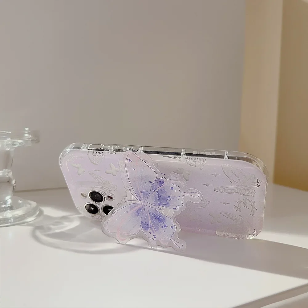 Funda de teléfono con soporte de mariposa de acuarela estilo Ins para iPhone16 15 14 12 13 11 Pro ProMax Plus Xsmax, funda de teléfono suave a prueba de golpes