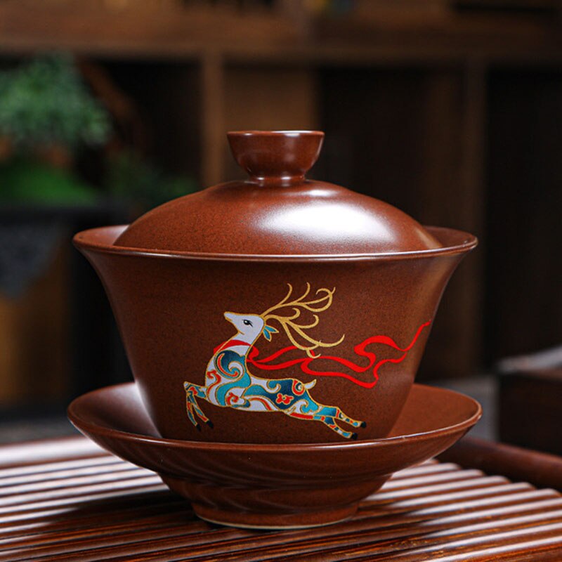 Retro Ceramic Gaiwan Wood-fired Ancient Pottery Tea Bowl Pipa Deer Pattern Tea Cup Kungfu Teaware Kitchen Drinking Tool 190ml: 3