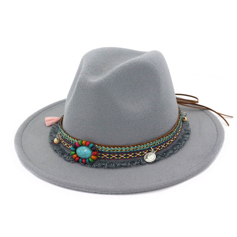 Women Jazz Caps Hats Bohemia Style Woolen Hats for Spring Summer Beach MC889: light gray