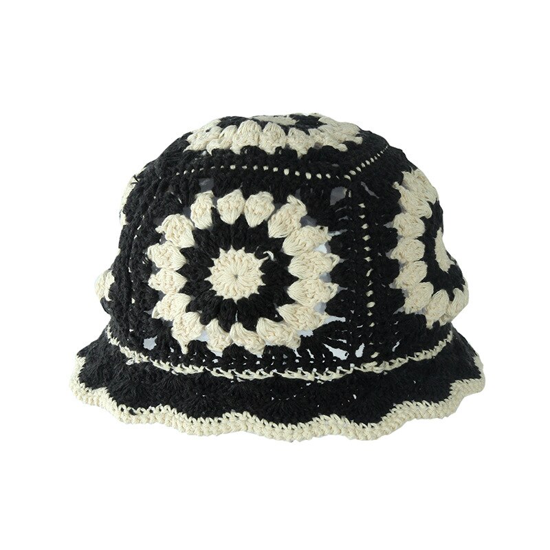 Summer Hollow Crochet Flower Fisherman Hat Shade Breathable Knitted Bucket Hat Ladies Panama Knitted Fisherman Hat
